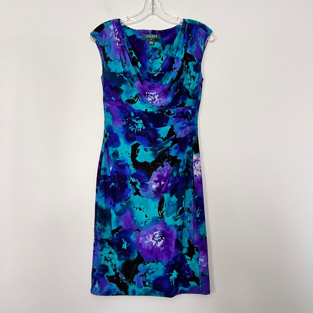 Lauren Ralph Lauren Floral Sheath Dress Cowl Neck Sleeveless Purple Blue Size 4P